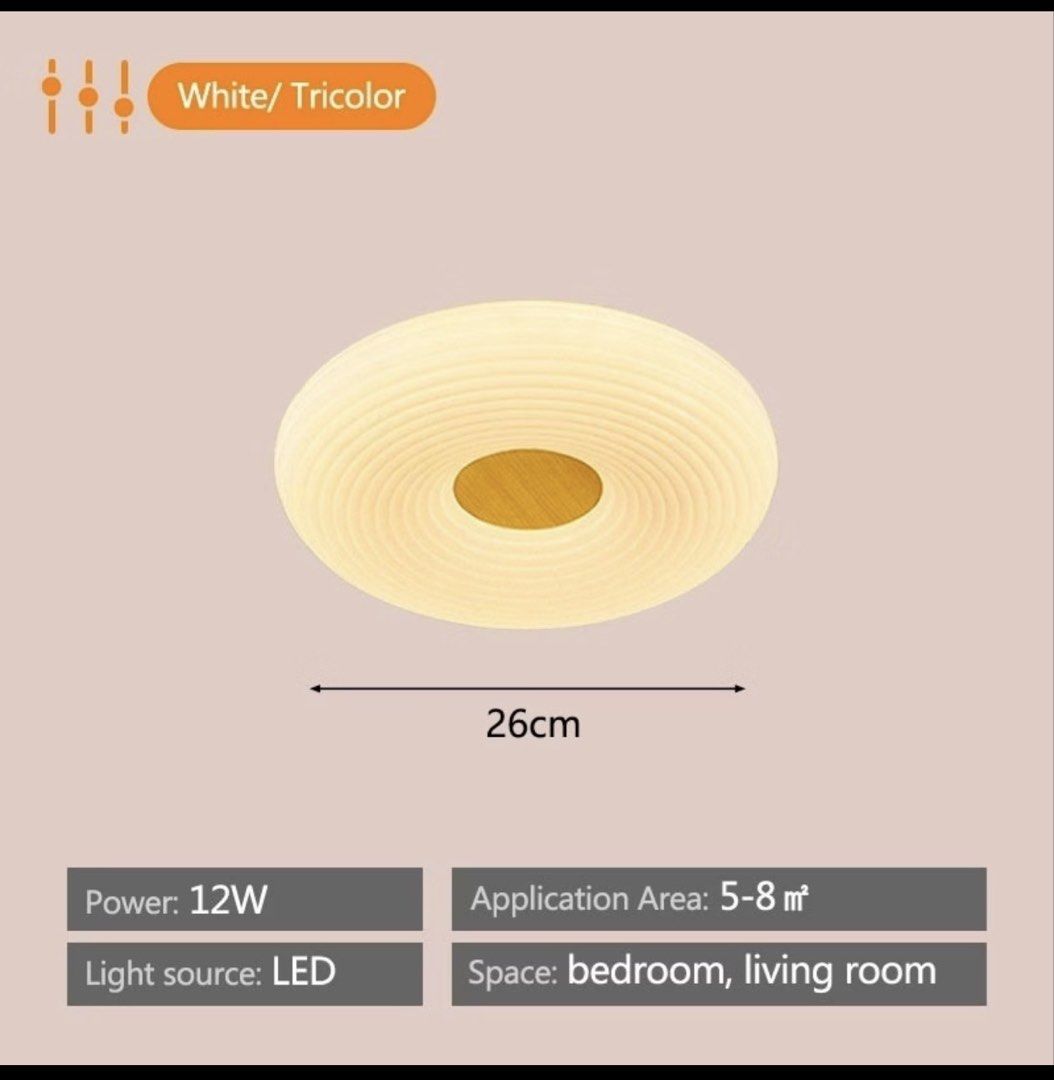 White Aesthetic Tricolor LED Ceiling Light 12W 26cm (Category: Lighting) located in Mandaluyong City. Submitted by nftp24 (Listing ID 1464097604, Image 1). Description: - 12W Tricolor LED Ceiling Light - Diameter: 26cm - Ideal for Bedrooms & Living Rooms - Coverage Area: 5-8 square meters - Includes mounting screws - Easy to install Brand nee RFS: found an E27 compatible instead.