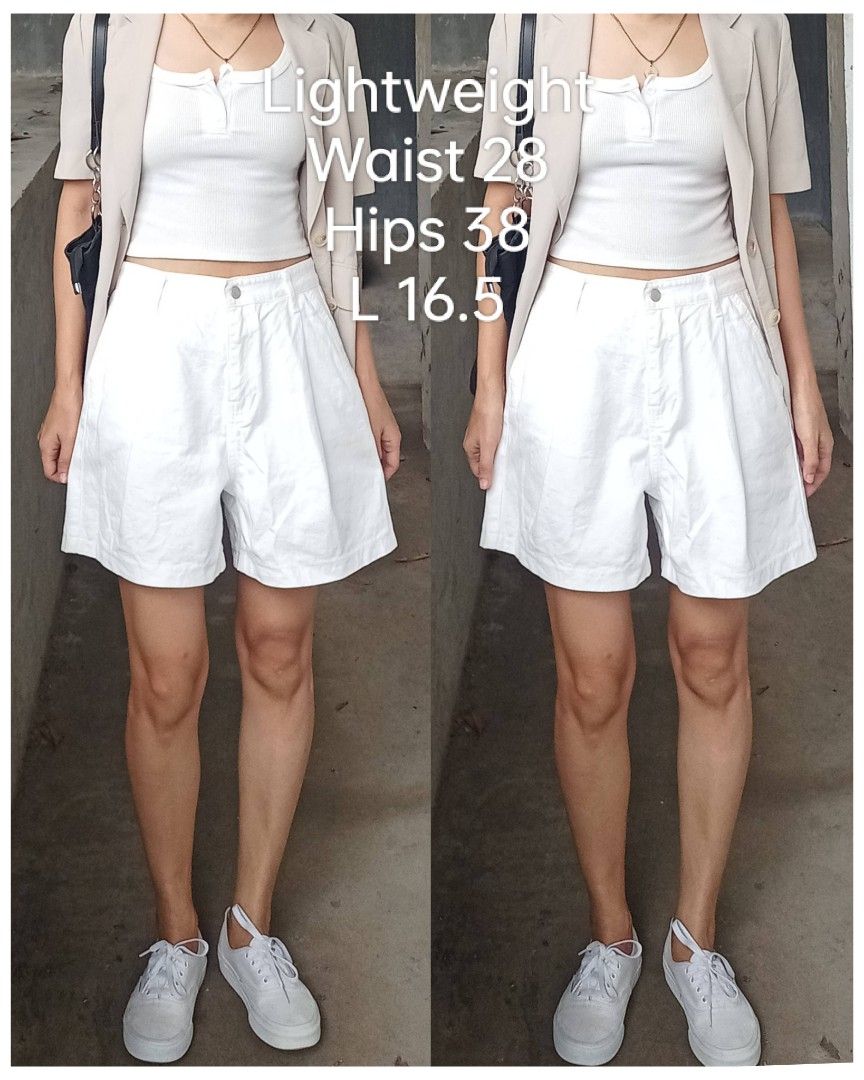 White denim Highwaist short (Category: Shorts) located in Davao. Submitted by kannikasok1987 (Listing ID 1463977660, Image 1). Description: Lightweight Waist 28 Hips 38 L 16.5 good as new.
