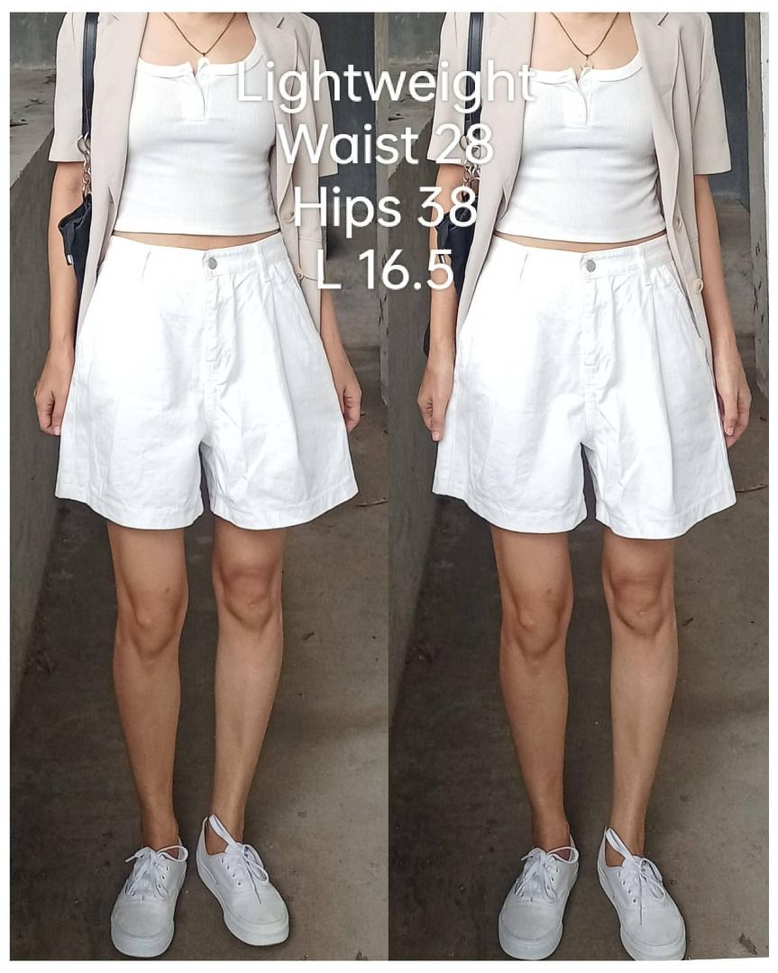 White denim highwaist short (Category: Shorts) located in Davao. Submitted by irisrazona16792 (Listing ID 1464006616, Image 1). Description: Wd side pocket Lightweight Waist 28 Hips 38 L 16.5 good as new.