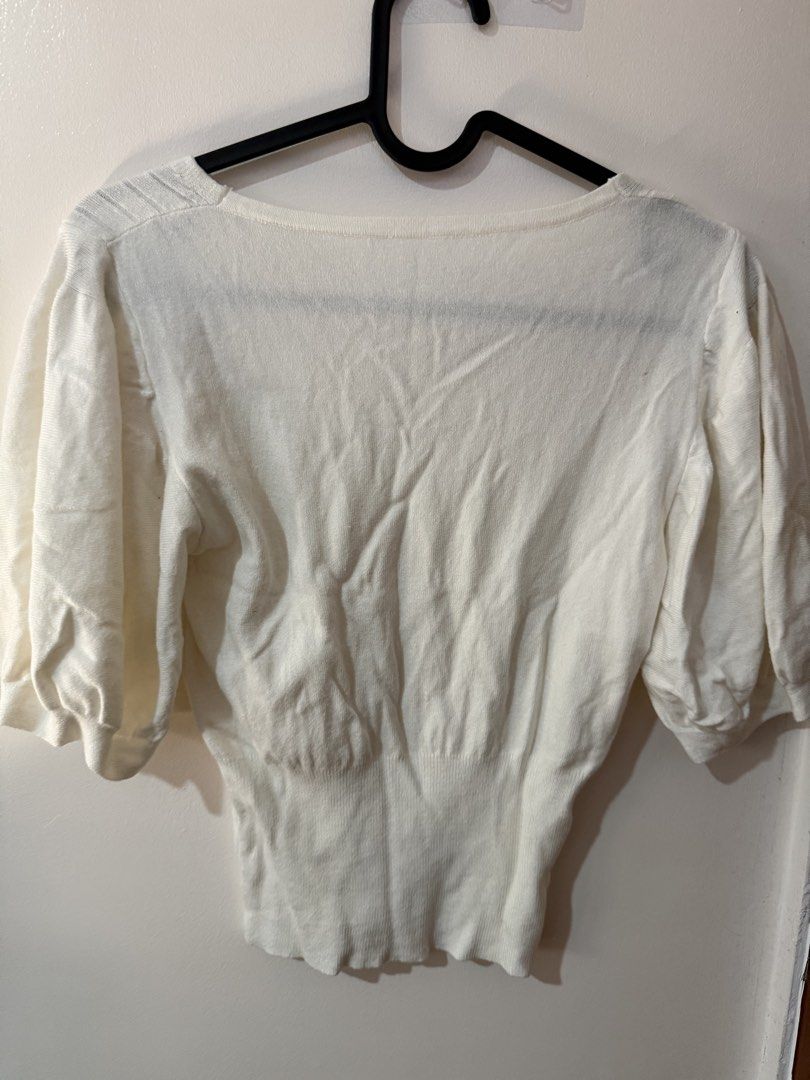 White Puff Sleeve Knit Top (Category: Blouses) located in Quezon City. Submitted by shuartcake (Listing ID 1464022679, Image 2). Description: - White knit top - Puff sleeves - V-neckline - Cropped length - Very soft.