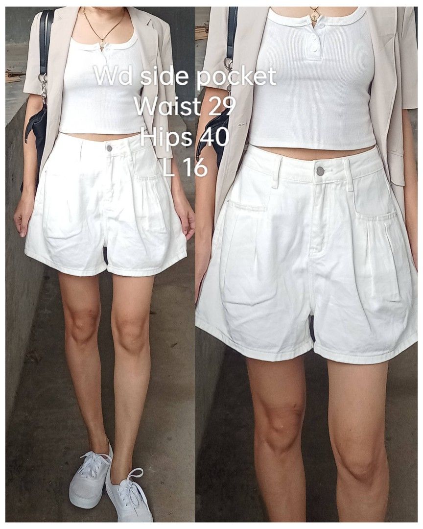 White soft denim Highwaist short (Category: Shorts) located in Davao. Submitted by kannikasok1987 (Listing ID 1463977920, Image 1). Description: Wd side pocket Waist 29 Hips 40 L 16 good as new.