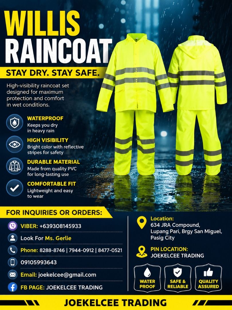 Willis Raincoat (Category: Coats, Jackets and Outerwear) located in Pasig City. Submitted by ge120797 (Listing ID 1463953301, Image 1). Description: Willis Raincoat PVC - COATED HI-VIS JACKET AND TROUSER •Double reflectorized sewn bands JACKET •Hidden back hood. •Full front zipper. •Storm flap with snap button closure. •Double reflectorized bands. PANTS •Elastic wasteband with double reflectorized bands. .