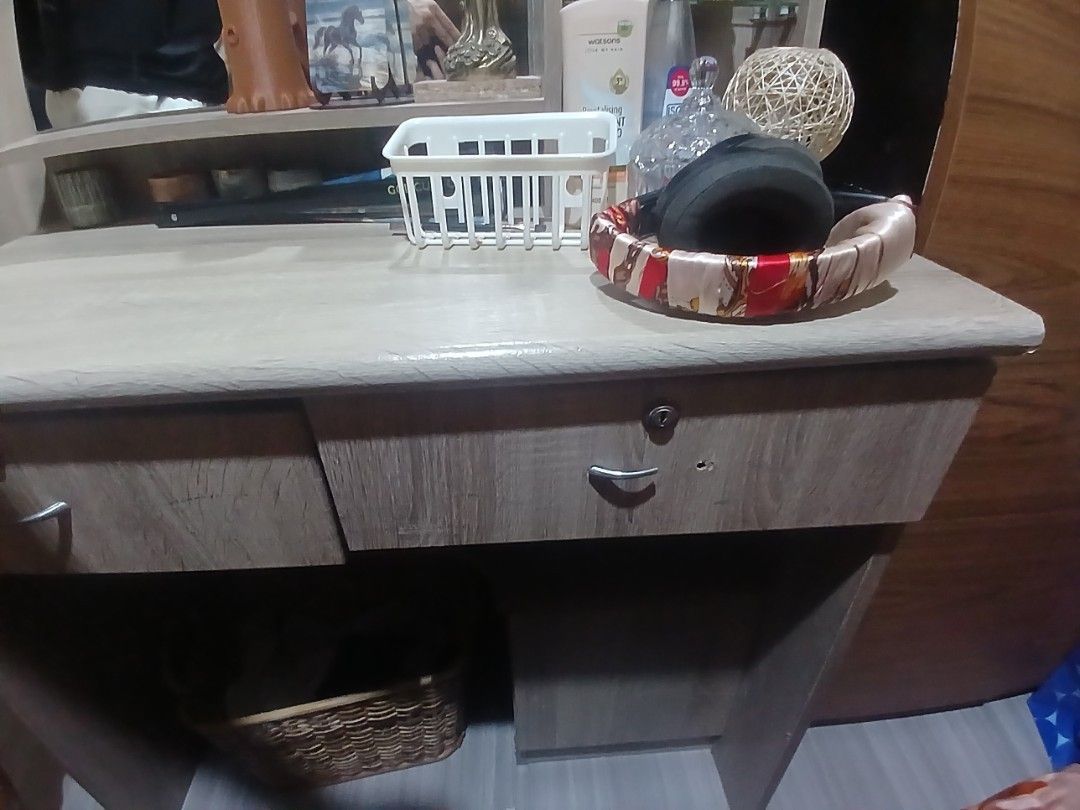 Wooden Dressing Table with Mirror and Shelves (Category: Tables & Sets) located in Manila. Submitted by acezenergy (Listing ID 1464071401, Image 2). Description: hello boss madam, rush for sale paunahan nalang po sa makakuha nitong wooden dresser table!! for pick up c/o buyer we can do gcash/bank or cash as mop. - Compact dressing table with built-in mirror - Multiple shelves for storage and display - Spacious top surface - Minor chips on drawer 
