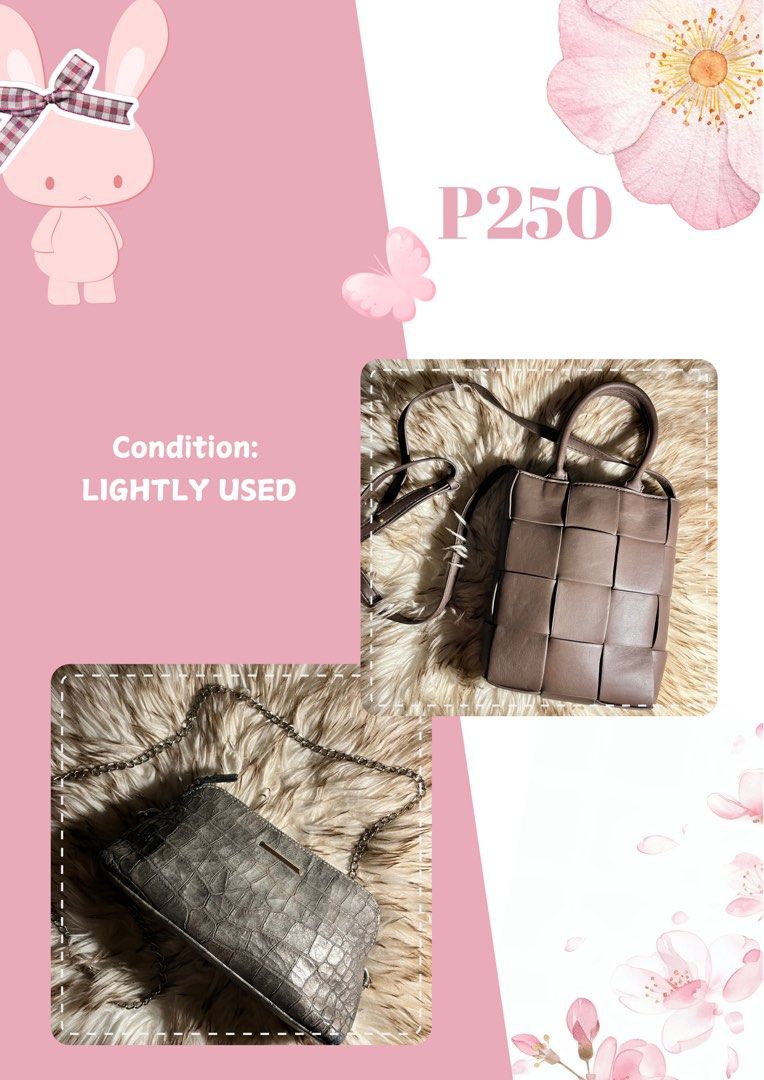 Woven Bag and Crocodile Sling Bag Set (Category: Shoulder Bags) located in Las Pinas. Submitted by francesaly (Listing ID 1463981809, Image 1). Description: - Set of 2 stylish bags - Taupe woven bucket bag - Grey crocodile-textured sling bag with chain strap - Versatile for everyday or special occasions - Great value set!.