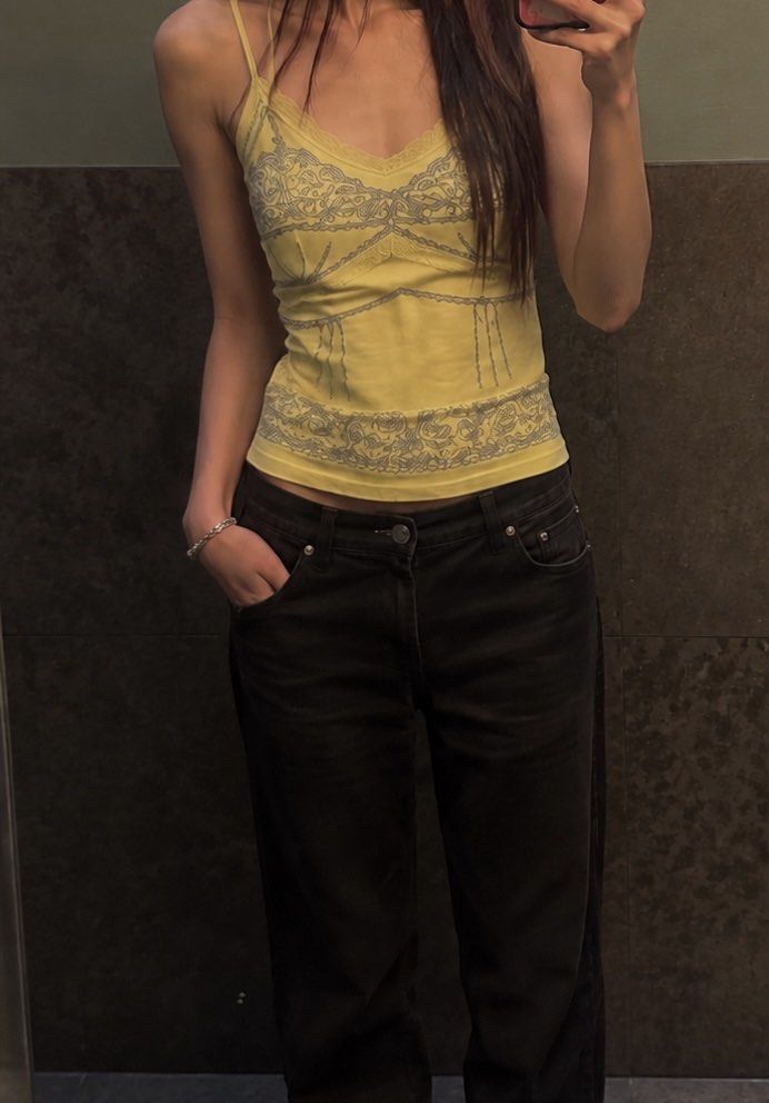Yellow Camisole Cami Tank Top with Lace Pattern (Category: Sleeveless) located in Tarlac. Submitted by nevercursed (Listing ID 1461975670, Image 2). Description: Fits XS-S! 📌 Additional Fee/s: + Shipping Fee 💳 MOP: GCash/BDO/Maribank 📦 MOD: J&T .