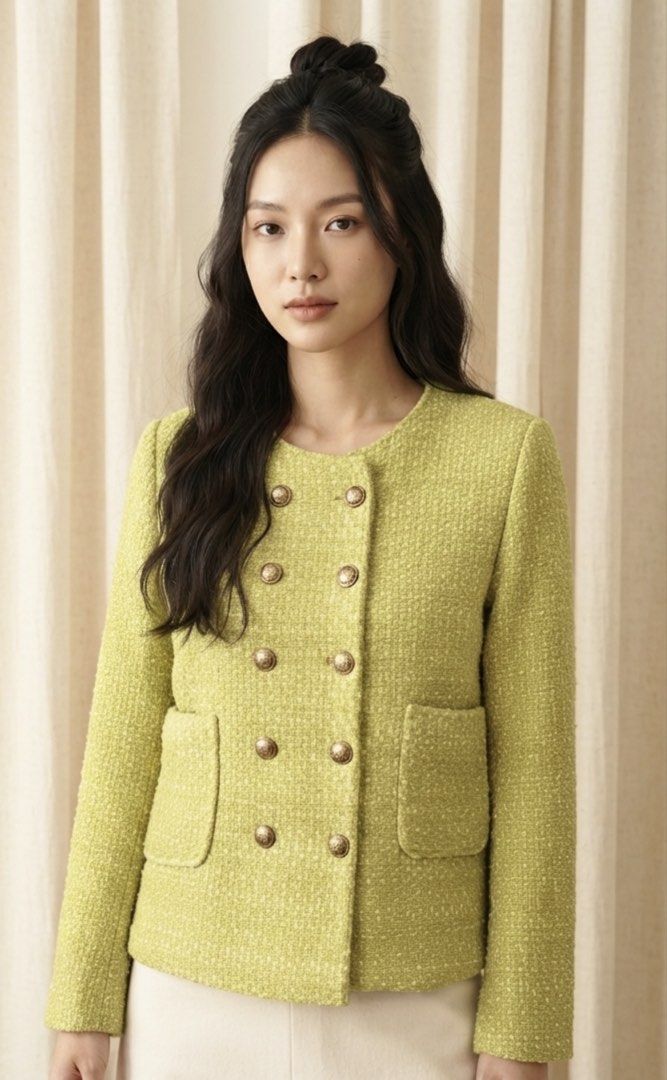 Yellow Double-Breasted Tweed Blazer / Jacket (Category: Coats, Jackets and Outerwear) located in Muntinlupa City. Submitted by pink_strawberry_collections (Listing ID 1464097060, Image 3). Description: MAKE READING A HABIT. ALL PHOTOS POSTED. Medium Bust: 36 inches Color may slightly vary due to lighting. See last two photos for the details. Not brand new so please manage your expectations. Hand wash gently as the fabric is sensitive. Payment fir