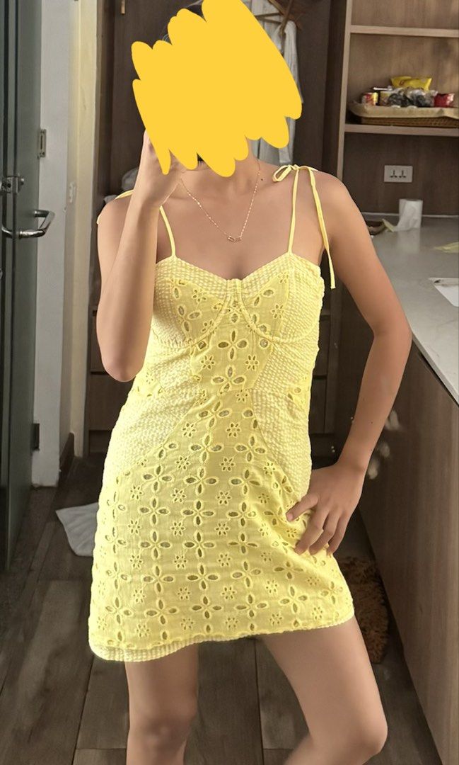 Yellow Eyelet Mini Dress with Spaghetti Straps (Category: Dresses) located in Tarlac. Submitted by mwshop_ (Listing ID 1464048987, Image 1). Description: ~ size: xxs-small ~ adjustable strap w/zipper ~ so nice for casual and beach trip .