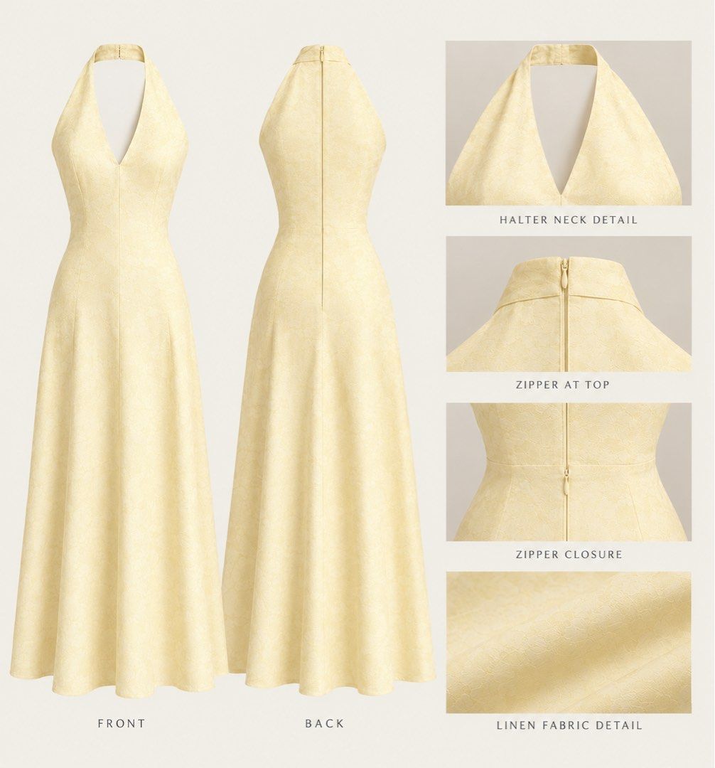 Yellow Linen Blend Halter Neck Midi Dress (Category: Dresses) located in Singapore. Submitted by lulusarchive (Listing ID 1463511588, Image 1). Description: - Midi length dress - Lovely yellow linen blend fabric - Halter neck design - Two button details at the back - Zipper closure - Subtle embossed pattern on fabric - Ideal for summer occasions.