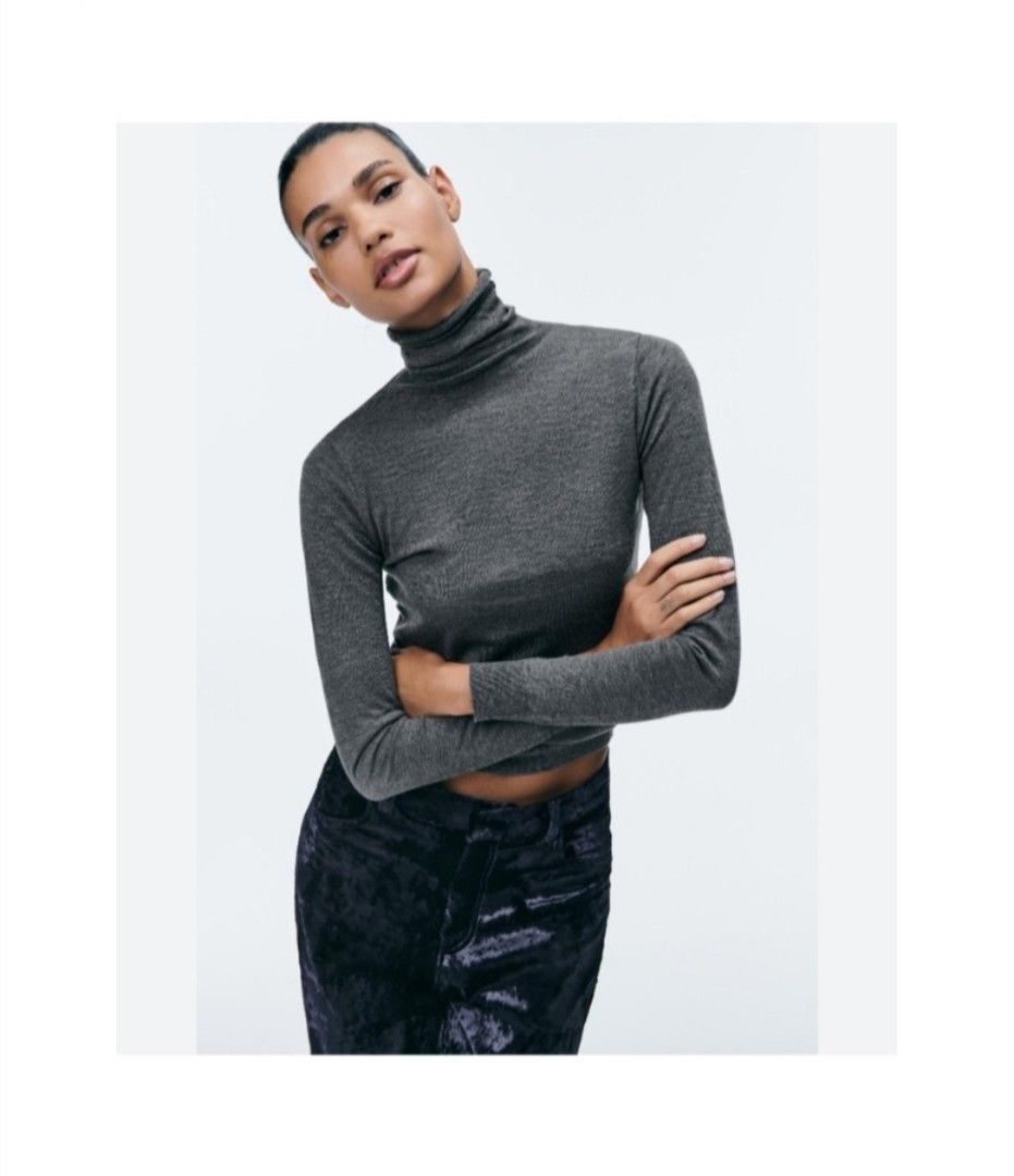 Zara Knit Turtleneck Longsleeves (Category: Longsleeves) located in Batangas. Submitted by thriftshop_izy15 (Listing ID 1463950712, Image 1). Description: PRODUCT DETAILS Brand: Zara Size: Small (fits from Small upto Medium) Measurement when laid flat; in inches: Shoulder to shoulder: 13" Bust: 15" Sleeves length: 23.5 Length: 23" Color: Dark gray Fabric: Super stretchable Condition: Brand new with tags. If you have any inquiries regarding item/s