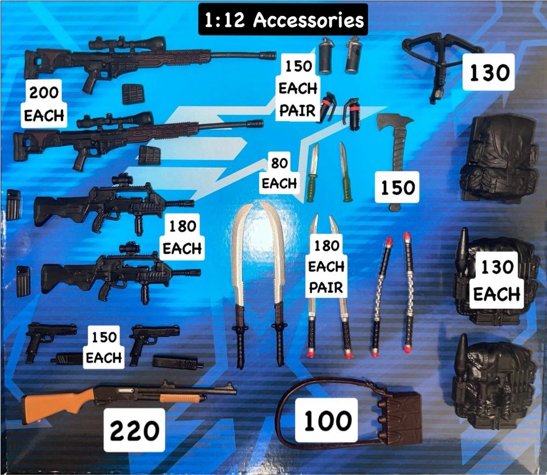 1:12 Scale Action Figure Accessories - Weapons & Gear (Category: Action & Battle Toys) located in Pasig City. Submitted by TheBeastToysStore (Listing ID 1464226217, Image 1). Description: For Sale🔥 Hasbro Marvel Legends GIJoe “1:12 Accessories” - 1:12 Scale Action Figure Accessories - Weapon Variety: Sniper Rifles, Assault Rifles, Shotguns, Pistols, Knives - Other Accessories: Grenades, Axe, Crossbow, Backpacks - Perfect for Customizing Your Fig