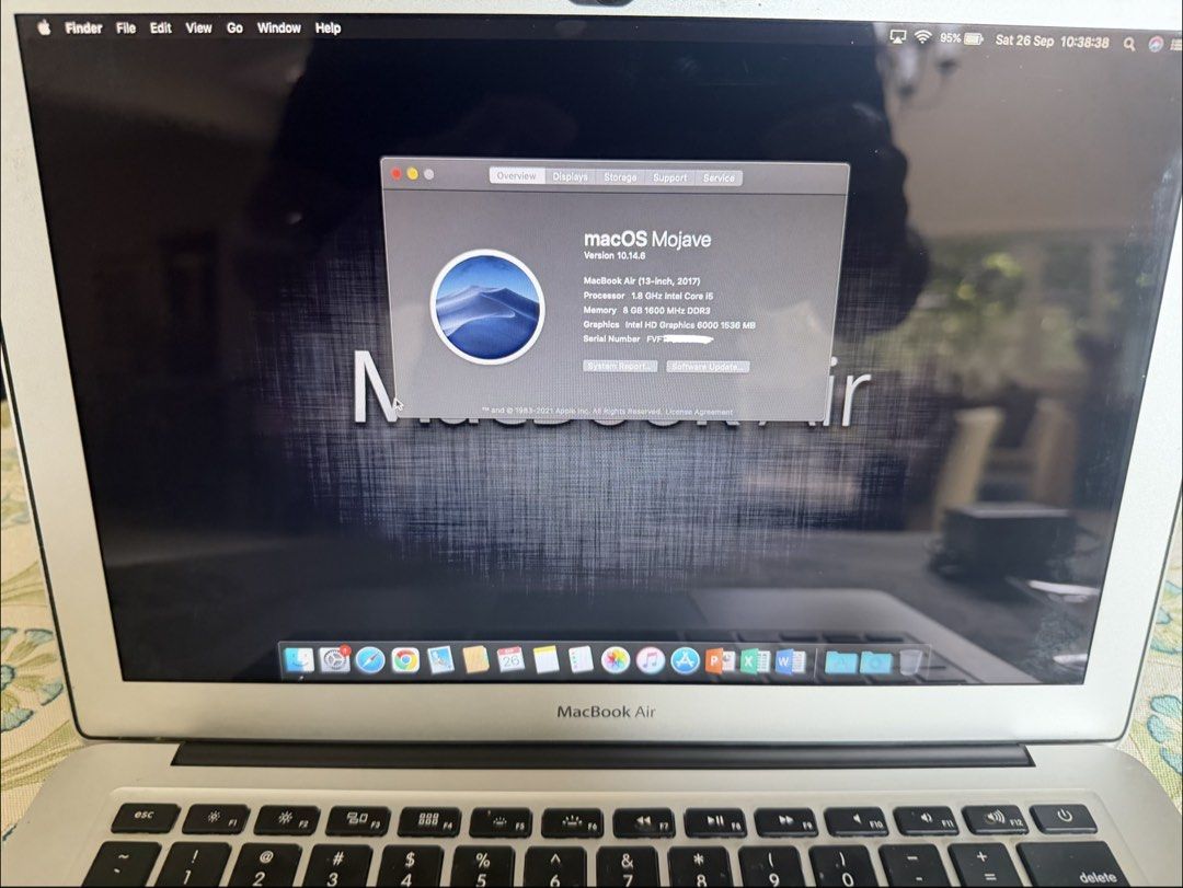 13” MacBook Air 2017 intel 8gb/256gb (Category: Laptops & Notebooks) located in Paranaque City. Submitted by gadgetting (Listing ID 1464160921, Image 2). Description: Selling my pre-loved MacBook Ait Specs in pics All original Inclusions: MacBook Air Original MagSafe charger Used crystal case Very good condition No dents and very well taken cared off. 100% all working No issues at all Battery Cycle count only 289 Running on MacOS Mojave MS Office