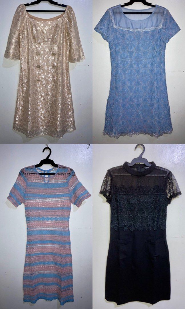 14 Assorted Dresses Bundle (50 each, 600 if take all) (Category: Dresses) located in Daraga. Submitted by nanasnonsense (Listing ID 1464296846, Image 2). Description: Available Dresses: 1. cream short-sleeve midi dress with green and purple botanical print (w/ washable stain) 2. beige long-sleeve shirt dress with blue and orange stripes 3. champagne floral lace short-sleeve mini dress with square neckline 4. long sleeveless dress with white camis