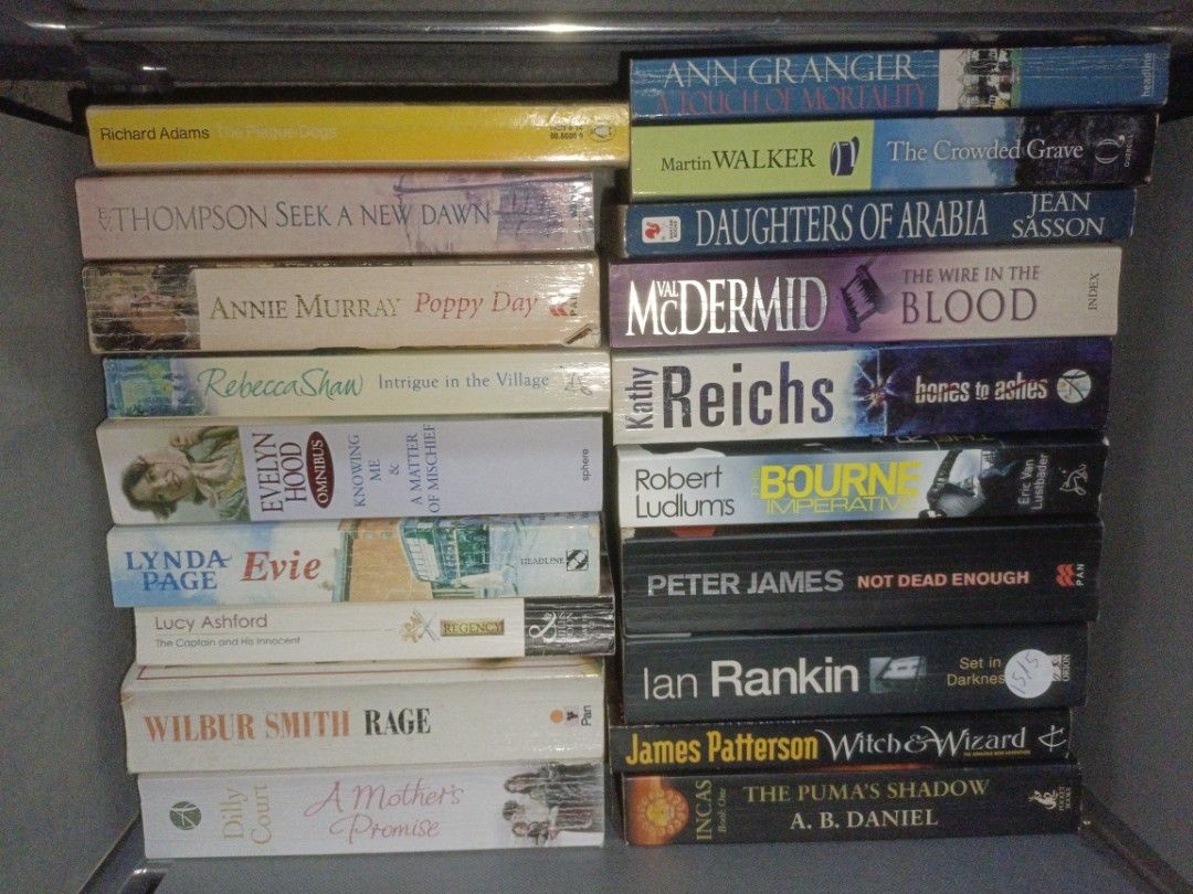 19 MMPB BUNDLE (Category: Storybooks) located in Bambang. Submitted by axela21 (Listing ID 1464230902, Image 1). Description: 20 EACH MMBP 300 TAKE ALL The Plague Dogs - Richard Adams Seek a new dawn - E.V. Thompson Poppy Day - Annie Muray Intrigue in the Village - Rebecca Shaw Omnibus Knowing me & A matter of mischief - Evelyn Hood Evie - Lynda Page The Captain and His Innocent - Lucy Ashford Rage - Wilbur Smith A mother's promise - Dilly Court 