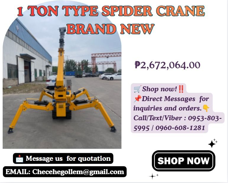1 ton type spider crane brand new (Category: Home Improvement Tools & Accessories) located in Caloocan City. Submitted by ultimatebi56643 (Listing ID 1464151894, Image 1). Description: ●Lifting capacity ：1t ●Maximum ground lift : 5.8m ●Battery capacity:12v,45Ah ●Vehicle size：2200*600*1393mm" .