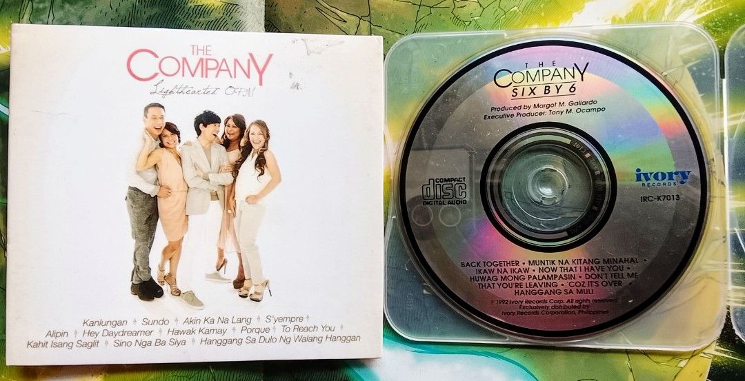 2 for 350: The Company CD Bundle (Category: CDs & DVDs) located in Caloocan City. Submitted by emilioreg (Listing ID 1464228615, Image 1). Description: The Company CD Bundle On Sale for only 350 pesos All Original brand new and pre owned in very good condition 1. "Lighthearted OPM" CD (factory sealed) 2. "Six X 6" CD featuring the hit songs "Now That I Have You" ," Muntik na Kitang Minahal" and more (pre owned in very good condition) First to pay