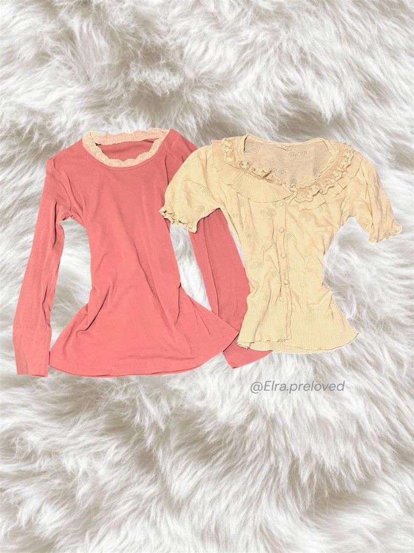 2x Cute Tops - Pink Long Sleeve & Cream Button Up (Category: Longsleeves) located in Manila. Submitted by elra.preloved (Listing ID 1464143012, Image 1). Description: • S-M • strech- yes! • cream button up - no issue • pink long sleeve - minimal visible thread - Bundle of two charming tops with a sweet, vintage-inspired look. - Pink long-sleeved top featuring delicate lace trim at the neckline. - Cream short-sleeved top with a ruffled lace collar