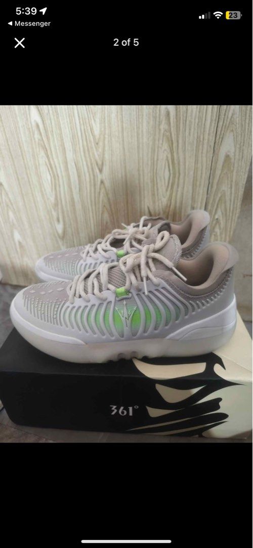 361 Joker 2 GT Miro (Category: Sneakers) located in Cebu City. Submitted by cla5clint39756 (Listing ID 1464238656, Image 1). Description: Grey and lime green basketball shoes. Laces are grey. The 361 Degrees logo is on the side. Comes with the original box. Great for playing basketball. Size 9.5 Used 3 times RFS. need for bills payment Negotiable for sure buyer.