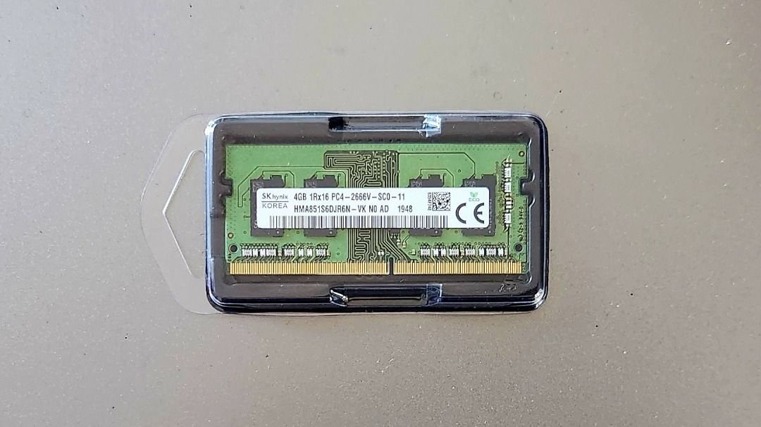 4GB RAM for Laptop (Category: Computer Parts) located in Taguig. Submitted by aip12 (Listing ID 1464209723, Image 1). Description: SK Hynix 4GB DDR4 SODIMM RAM - Speed: 2666V - Model: HMA82GS6CJR8N-VK NO B3 - Laptop Memory Stick - Tested and working - Ready for your laptop upgrade Please notify one day before the meet-up day. MEET UP AREAS: Glorietta/Greenbelt/Landmark/SM Makati/Venice Grand Canal/MarketMarket For delivery, the fee shall be paid 