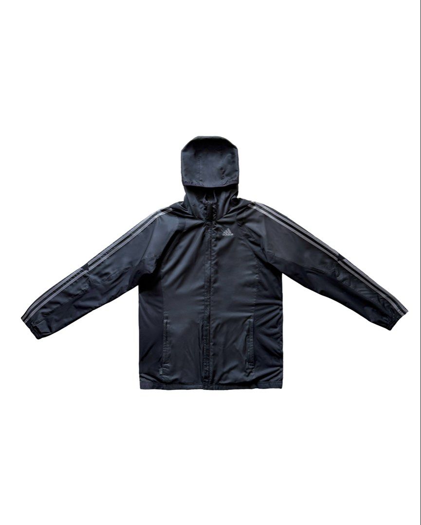 Adidas Clima365 Black Jacket Hoodie (Category: Coats, Jackets and Outerwear) located in Manila. Submitted by morf_sply (Listing ID 1464303901, Image 1). Description: Woven technical jacket. Bold 3-Stripes anchor the sleeves with ribbed cuffs, welt pockets at the hip and ribbed hem. Zip-up front. M on tag. Shoulder Width 19 in Pit to Pit 23 in Length 29 in Sleeves 25 in.