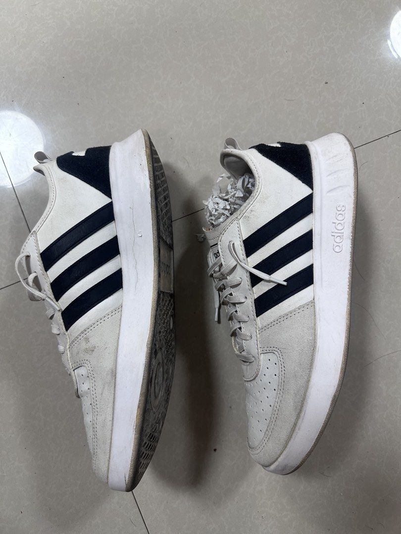 Adidas court80s white cloud (Category: Sneakers) located in Las Pinas. Submitted by treyyywayyy (Listing ID 1464255223, Image 3). Description: FREE ACRYLIC SHOE BOX LOC: LAS PINAS OR DOUBLE DRAGON PASAY - Classic Adidas sneakers in white with black stripes. - Size: US 10.5 - Shows some signs of wear on soles and uppers. - Still has plenty of life left. - Perfect for everyday casual wear..
