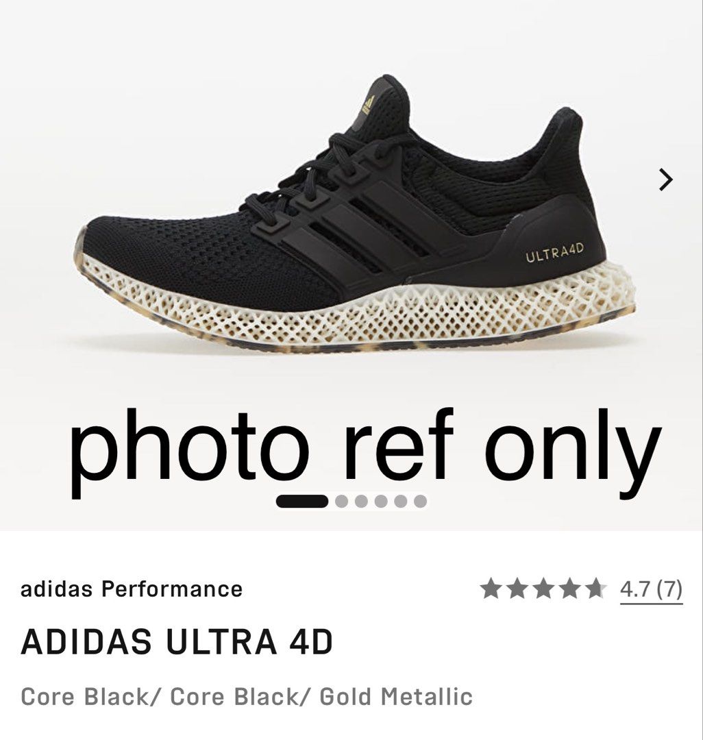 Adidas Ultraboost 4D Black Sneakers (Category: Sneakers) located in Paranaque City. Submitted by ktpurrr (Listing ID 1464206797, Image 1). Description: Used 2x only due to fit - Brand: Adidas - Model: Ultraboost 4D - Color: Black - Size: UK 5.5 - Origin: Made in Vietnam - Features: 4D midsole for excellent cushioning and support - Ideal for: Running and everyday wear - Includes: replacement adidas box Bought in US RFS: too small Best fit 5 1/2 - 