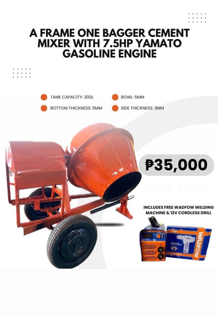 A-FRAME ONE CEMENT BAGGER MIXER (Category: Announcements) located in San Pablo. Submitted by justineange628 (Listing ID 1464140424, Image 1). Description: 📢One-Bagger Cement Mixer Bundles‼️ 🔴A-Frame Premium with 7.5 Gas Engine Plus Freebies‼️ Option A. Welding Machine & Cordless Drill Option B. Portable Concrete Vibrator Option C. Impact Drill & Angle Grinder Option D. Welding machine &12v cordless drill Also available in our store‼️ 🔴Light Co