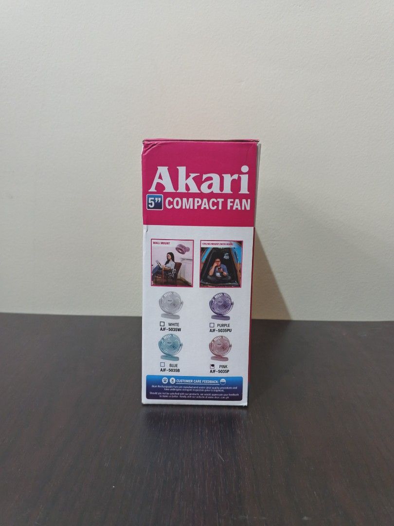 Akari 5" Rechargeable Compact Fan (Category: Fans) located in Manila. Submitted by zachariahs_choice1096 (Listing ID 1464178156, Image 2). Description: Rechargeable Compact Fan (AJF-5035) Power: 6W 3.7V 1500mAh Lithium ion battery CT: up to 4 hrs OT: up to 3 hrs (High: up to 3hrs, Medium: up to 7hrs, Low: up to 8hrs) Input voltage: DC 5V Size: 151*67*160mm With Night Light Function Replaceable battery Comes with Type-C cable With Wall / Ceiling m