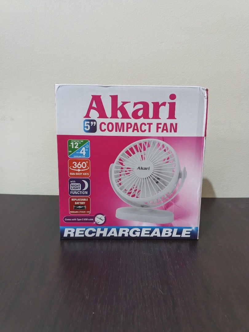 Akari 5" Rechargeable Compact Fan (Category: Fans) located in Manila. Submitted by zachariahs_choice1096 (Listing ID 1464178156, Image 1). Description: Rechargeable Compact Fan (AJF-5035) Power: 6W 3.7V 1500mAh Lithium ion battery CT: up to 4 hrs OT: up to 3 hrs (High: up to 3hrs, Medium: up to 7hrs, Low: up to 8hrs) Input voltage: DC 5V Size: 151*67*160mm With Night Light Function Replaceable battery Comes with Type-C cable With Wall / Ceiling m
