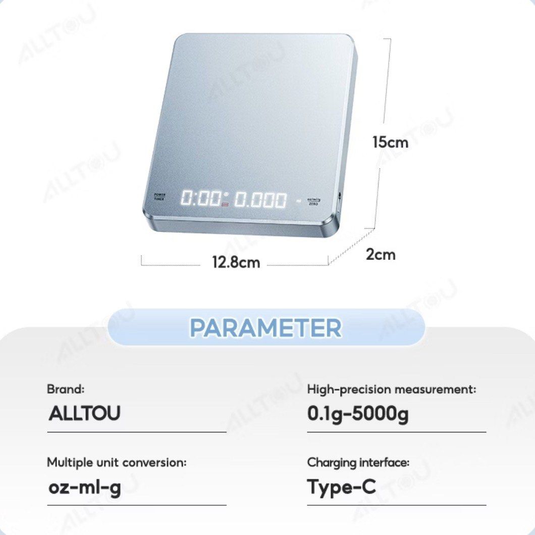 ALLTOU LED Digital Coffee Scale 0.1g-5000g Type-C Charging (Category: Health Monitors & Weighing Scales) located in Manila. Submitted by jhie24 (Listing ID 1464293924, Image 1). Description: - ALLTOU LED Digital Coffee Scale - Precise Measurement: 0.1g to 5000g (5kg) - Multiple Unit Conversion: oz, ml, g - Convenient Type-C Charging Interface - Compact Dimensions: 12.8cm x 15cm x 2cm - Ideal for accurate coffee brewing and other precise weighing 
