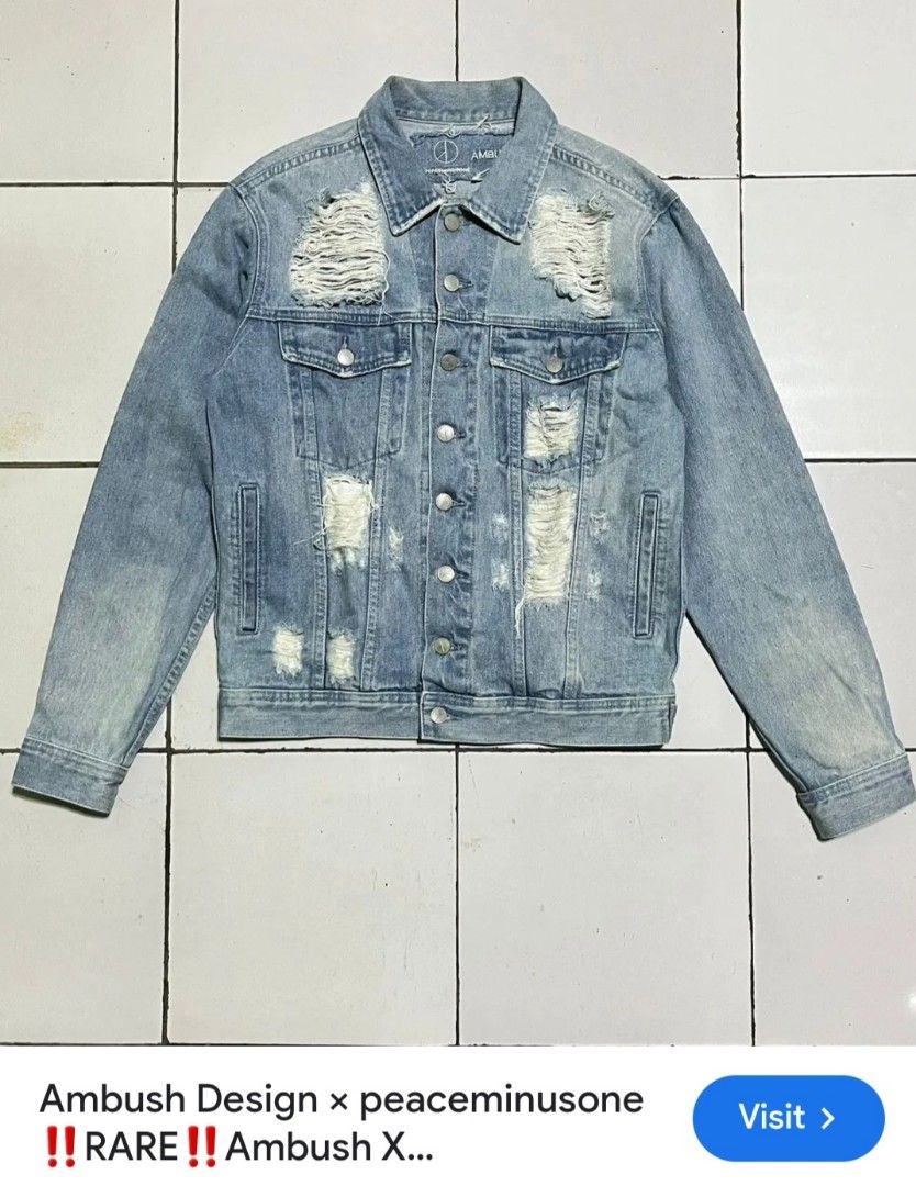 Ambush Design x PEACEMINUSONE Ripped Denim Jacket (Category: Coats, Jackets and Outerwear) located in Manila. Submitted by PrinceDani.Clothing (Listing ID 1464179542, Image 2). Description: ambush x is denim distressed jacket Size 2 medium fit 21in width 25in length issue: yellow stain inner collar excellent condition .