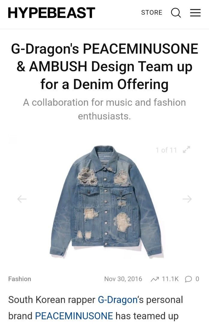 Ambush Design x PEACEMINUSONE Ripped Denim Jacket (Category: Coats, Jackets and Outerwear) located in Manila. Submitted by PrinceDani.Clothing (Listing ID 1464179542, Image 1). Description: ambush x is denim distressed jacket Size 2 medium fit 21in width 25in length issue: yellow stain inner collar excellent condition .