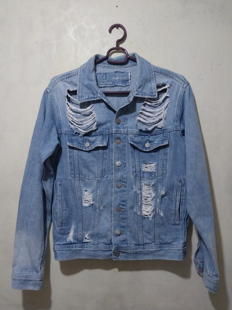 Ambush Design x PEACEMINUSONE Ripped Denim Jacket (Category: Coats, Jackets and Outerwear) located in Manila. Submitted by PrinceDani.Clothing (Listing ID 1464179542, Image 3). Description: ambush x is denim distressed jacket Size 2 medium fit 21in width 25in length issue: yellow stain inner collar excellent condition .
