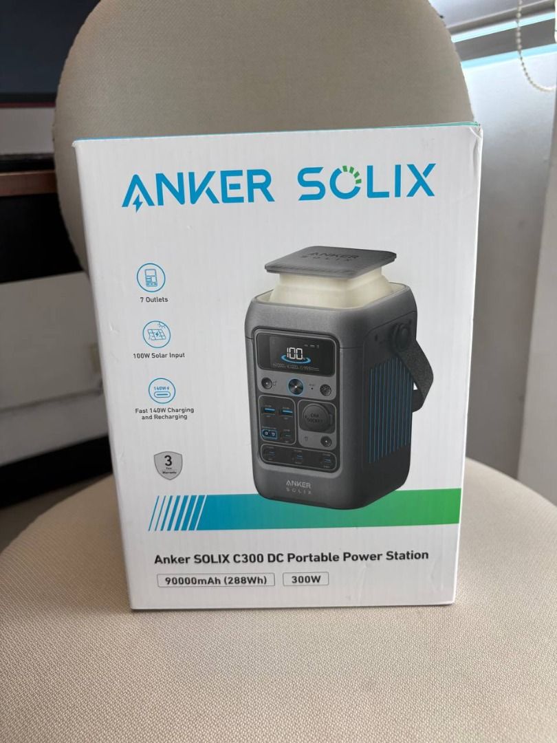 Anker SOLIX C300 DC 288Wh (Category: Other Home Appliances) located in Makati City. Submitted by thereesecups (Listing ID 1464195219, Image 1). Description: Model: Anker Solix C300 DC Battery Capacity: 288Wh LiFePO4 Continuous Output: 300W Surge Capacity: 600W USB-C Port: 140W two-way PD 3.1 Recharge Time (AC): 80% in 50 minutes Noise Level: 25dB at 1m Connectivity: Bluetooth, Wi-Fi (Anker app) Dimensions: Approx. 22 × 18 × 14 cm Weight: Approx. 