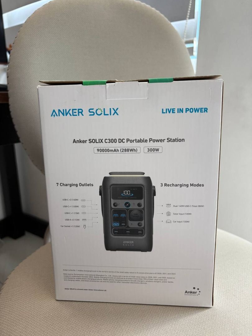 Anker SOLIX C300 DC 288Wh (Category: Other Home Appliances) located in Makati City. Submitted by thereesecups (Listing ID 1464195219, Image 2). Description: Model: Anker Solix C300 DC Battery Capacity: 288Wh LiFePO4 Continuous Output: 300W Surge Capacity: 600W USB-C Port: 140W two-way PD 3.1 Recharge Time (AC): 80% in 50 minutes Noise Level: 25dB at 1m Connectivity: Bluetooth, Wi-Fi (Anker app) Dimensions: Approx. 22 × 18 × 14 cm Weight: Approx. 