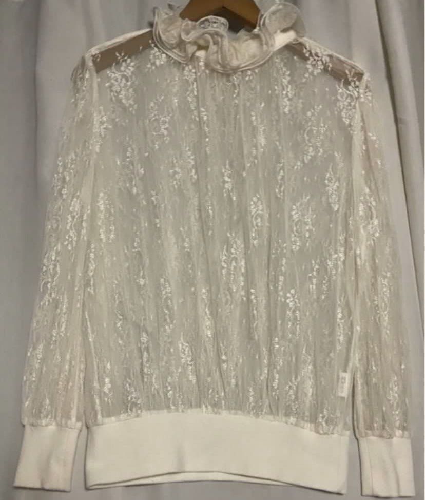 Anna Rose White High Ruffled Neck Sheer Lace Longsleeve (Category: Shirts) located in Caloocan City. Submitted by declutteringph. (Listing ID 1464303575, Image 2). Description: No Size on the tag! Measurements: Dimensions: (inches) Shoulder Width: 17” Bust Width: 27” Body Length: 24” Sleeves Length: 24”.
