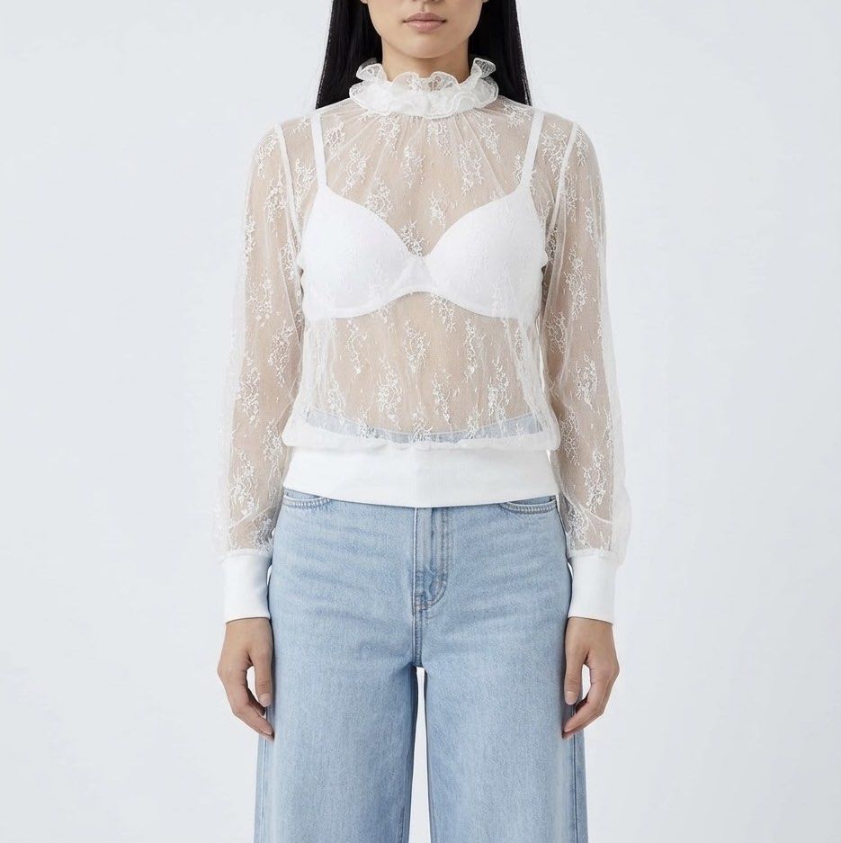 Anna Rose White High Ruffled Neck Sheer Lace Longsleeve (Category: Shirts) located in Caloocan City. Submitted by declutteringph. (Listing ID 1464303575, Image 1). Description: No Size on the tag! Measurements: Dimensions: (inches) Shoulder Width: 17” Bust Width: 27” Body Length: 24” Sleeves Length: 24”.