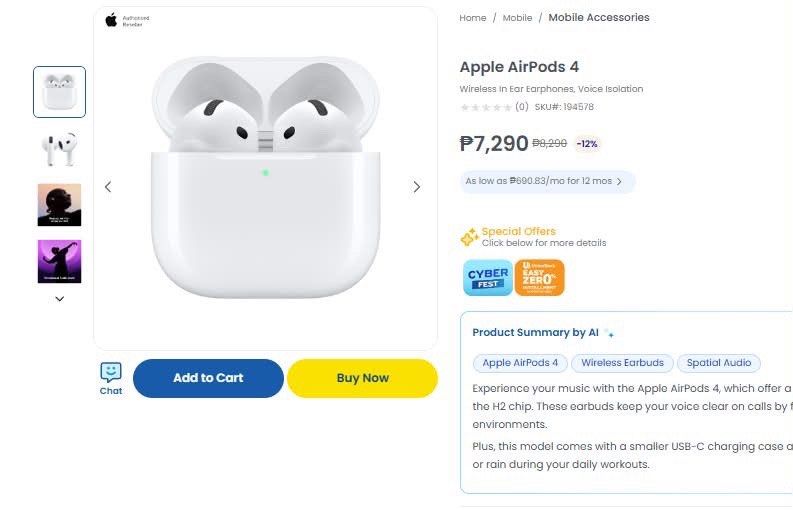 Apple Airpods 4 - Brand New (Category: Earphones) located in Bacoor. Submitted by financialrecoveryrack (Listing ID 1464180586, Image 1). Description: ✨ Features: • Apple H2 chip • Voice Isolation for clearer calls • Spatial Audio • Wireless Bluetooth connectivity • USB-C charging case • Comfortable, lightweight design • Seamless pairing with Apple devices .