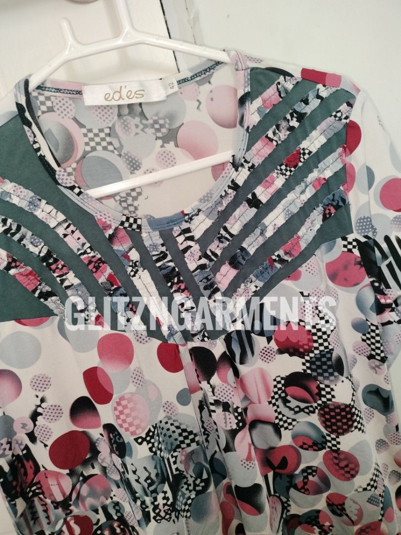 Ed'es [ARCHIVE / Y2K] Eclectic Graphic Print Statement Top | 21x24` (Category: Blouses) located in Angeles City. Submitted by glitzngarments (Listing ID 1464139749, Image 2). Description: Ed'es Eclectic Abstract Graphic Print Top 🎨✨ Statement-making European archive piece featuring a bold mix of retro polka dots, checkerboard accents, and abstract brushstroke motifs in a striking pink, grey, and teal colorway. Designed with contrasting paneled y