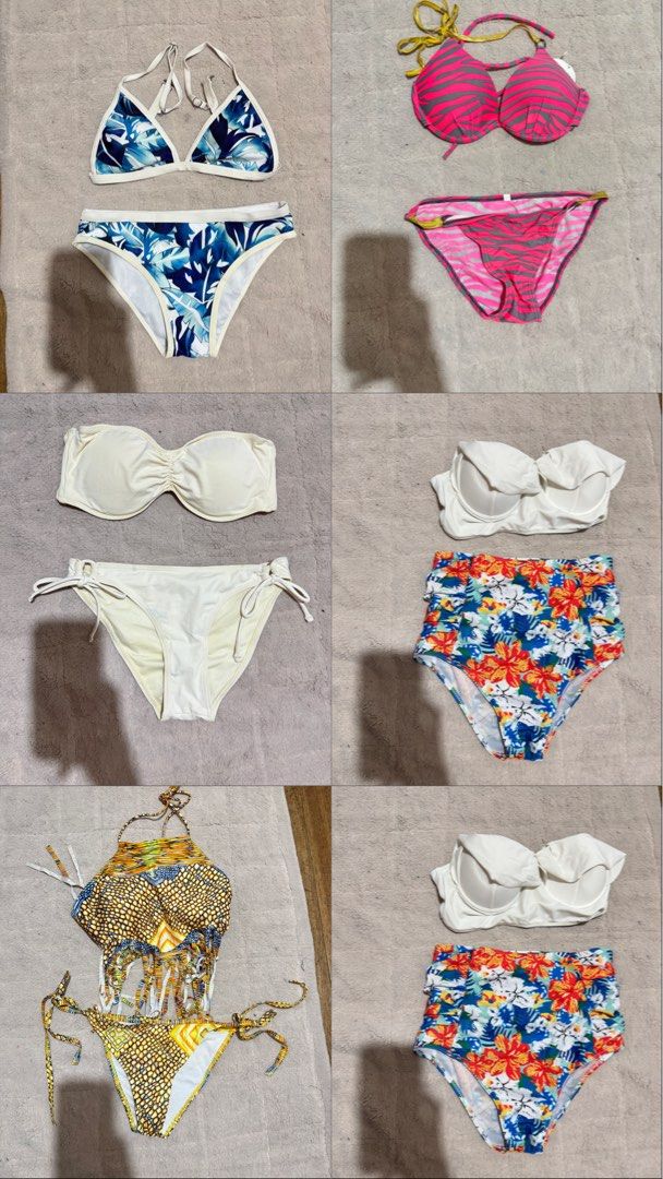 Assorted Bikini Sets - Various Sizes and Styles (Category: Bikinis & Swimsuits) located in Manila. Submitted by chie04_875 (Listing ID 1464218398, Image 2). Description: - Red Bikini Set (Size M) - Floral Print Bikini Set (Size S) - Pink Lace-Up Bikini Set (Size S) - Neon Green Bikini Set (Size M) - Ribbed Pink Bikini Set (Size M) - Yellow Push-Up Bikini Set (Size L) - Blue Leaf Print Bikini Set (Size S) - Pink Striped Bikini Set (Size S) - White
