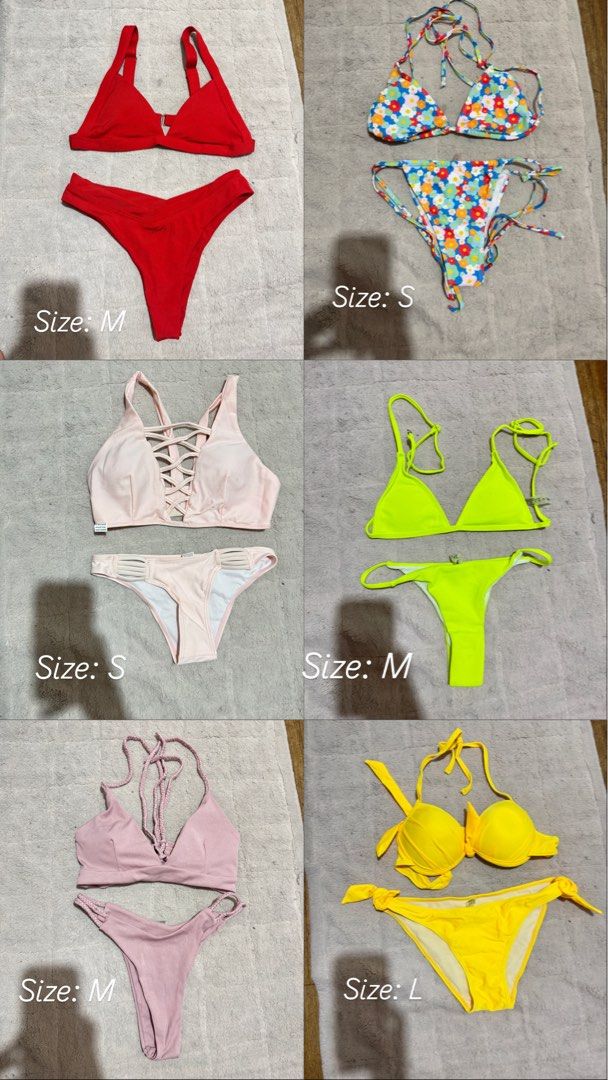 Assorted Bikini Sets - Various Sizes and Styles (Category: Bikinis & Swimsuits) located in Manila. Submitted by chie04_875 (Listing ID 1464218398, Image 1). Description: - Red Bikini Set (Size M) - Floral Print Bikini Set (Size S) - Pink Lace-Up Bikini Set (Size S) - Neon Green Bikini Set (Size M) - Ribbed Pink Bikini Set (Size M) - Yellow Push-Up Bikini Set (Size L) - Blue Leaf Print Bikini Set (Size S) - Pink Striped Bikini Set (Size S) - White