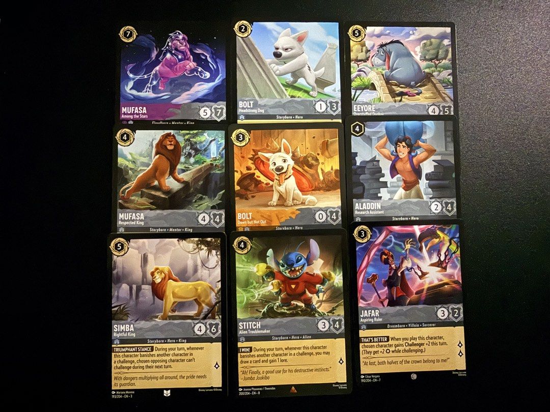 Assorted characters (Category: Raw Cards) located in Singapore. Submitted by nurrahimah (Listing ID 1464322639, Image 2). Description: Assorted Disney Lorcana Cards. Known Characters part 2. DM for price. Between $1-$2.