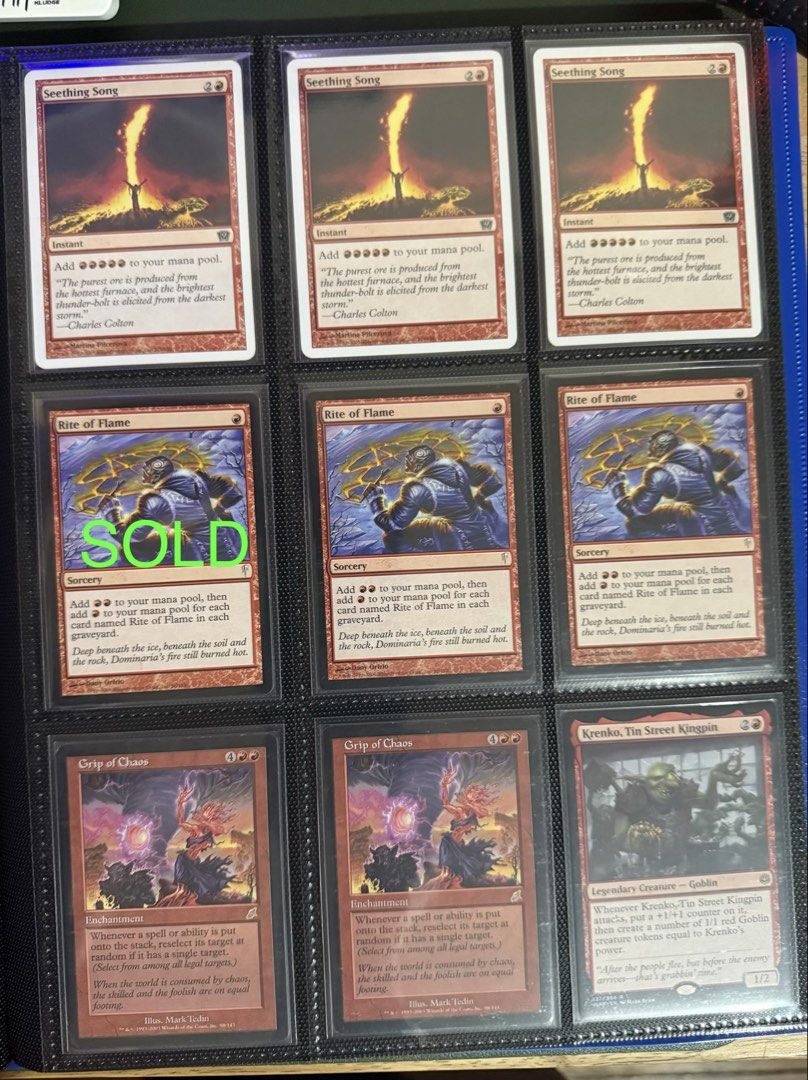 Assorted characters Mostly Rare (Category: Raw Singles) located in Quezon City. Submitted by cleverhawk.0af413 (Listing ID 1464220129, Image 1). Description: For sale: MTG random singles Check for individual prices Can also be sold as lot for P 10,000 with binder Seething Song x3 - 500ea Rite of Flame x2 - 300ea Grip of Chaos x2 - 250ea Krenko, Tin Street Kingpin - 150 Electropotence x2 - 40ea Conquering Manticore - 40 Rockshard Elemental x2 - 40