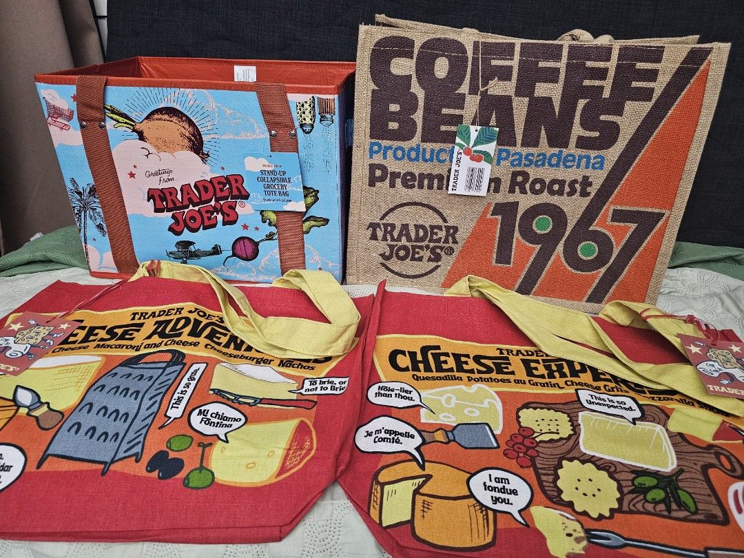 assorted Trader Joe's Toes bags (Category: Tote Bags) located in Las Pinas. Submitted by specteretceps (Listing ID 1464264590, Image 1). Description: All Brand New Cheese: 500 Collapsible Standup: 500 Coffee: 650 Delivery JT or Lalamove Payment: GCASH Loc: Las pinas, BGC.