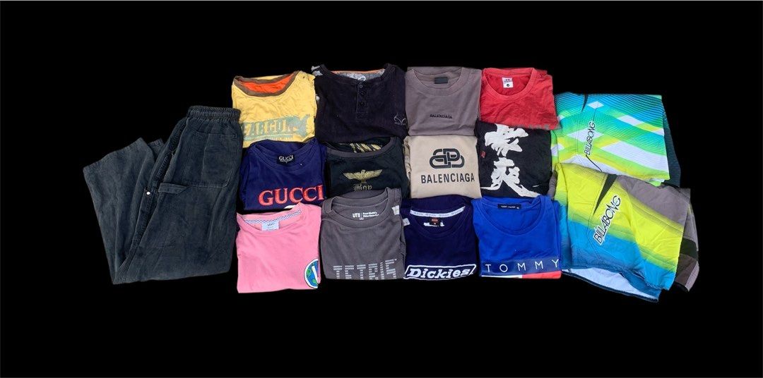 Assorted T-shirts and Pants Bundle - Various Brands (Category: Tshirts & Polo Shirts ) located in Bantayan. Submitted by soulofsurf (Listing ID 1464291713, Image 1). Description: - Bundle includes t-shirts and one pair of pants. - Features brands like Gucci, Balenciaga, Tommy, Dickies, Billabong, and UT. - Available in various colors and sizes. - Ideal for everyday casual wear. - Please check photos for individual item details and condition..