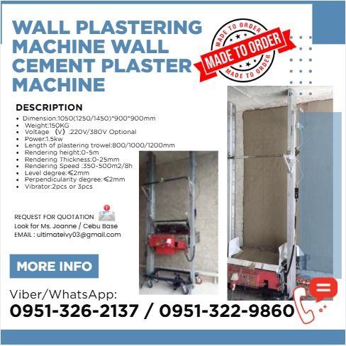 Automatic Wall Plastering Machine Wall Cement Plaster Machine BK800-6A (Category: Construction Tools & Equipment) located in Caloocan City. Submitted by clevertiger-b8cb (Listing ID 1464186065, Image 1). Description: Dimension:1050(1250/1450)*900*900mm Weight:150KG Voltage （V）:220V/380V Optional Power:1.5kw Length of plastering trowel:800/1000/1200mm Rendering height:0~5m Rendering Thickness:0~25mm Rendering Speed :350~500m2/8h Level degree:≤2mm 