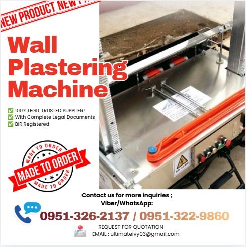 Automatic Wall Plastering Machine Wall Cement Plaster Machine BK800-6A (Category: Construction Tools & Equipment) located in Caloocan City. Submitted by kolletegar39429 (Listing ID 1464186864, Image 1). Description: Dimension:1050(1250/1450)*900*900mm Weight:150KG Voltage （V）:220V/380V Optional Power:1.5kw Length of plastering trowel:800/1000/1200mm Rendering height:0~5m Rendering Thickness:0~25mm Rendering Speed :350~500m2/8h Level degree:≤2mm P
