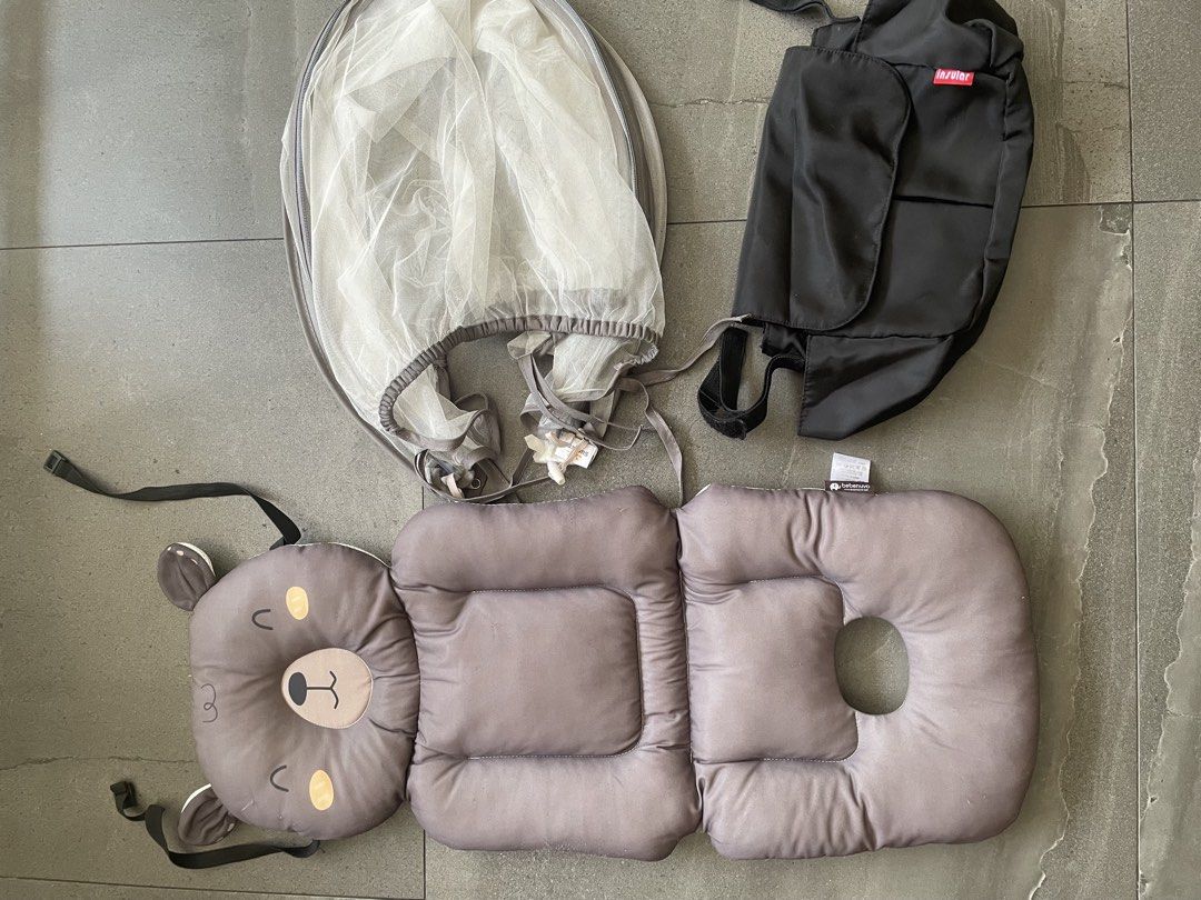 Baby Stroller Mosquito Net, Pad, and Bag (Category: Strollers) located in Paranaque City. Submitted by camdrs (Listing ID 1464236062, Image 1). Description: Selling a set of baby stroller accessories. - stroller pad bear design - stroller bag - stroller mosquito net Rfs: not using anymore.