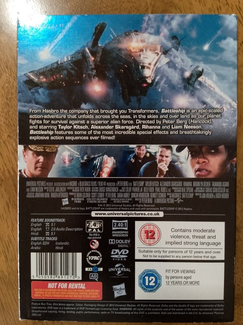 Battleship DVD (Category: CDs & DVDs) located in Pasig City. Submitted by joeysden (Listing ID 1464184866, Image 3). Description: - Action-packed sci-fi movie: Battleship on DVD - Plot: Naval fleet battles an alien invasion - Starring: Taylor Kitsch, Alexander Skarsgård, Rihanna, Liam Neeson - Directed by: Peter Berg - Subtitle Tracks: English, Arabic, Hindi - Audio: English 5.1 - Ideal for fans of naval combat and alien invasion themes - Region 
