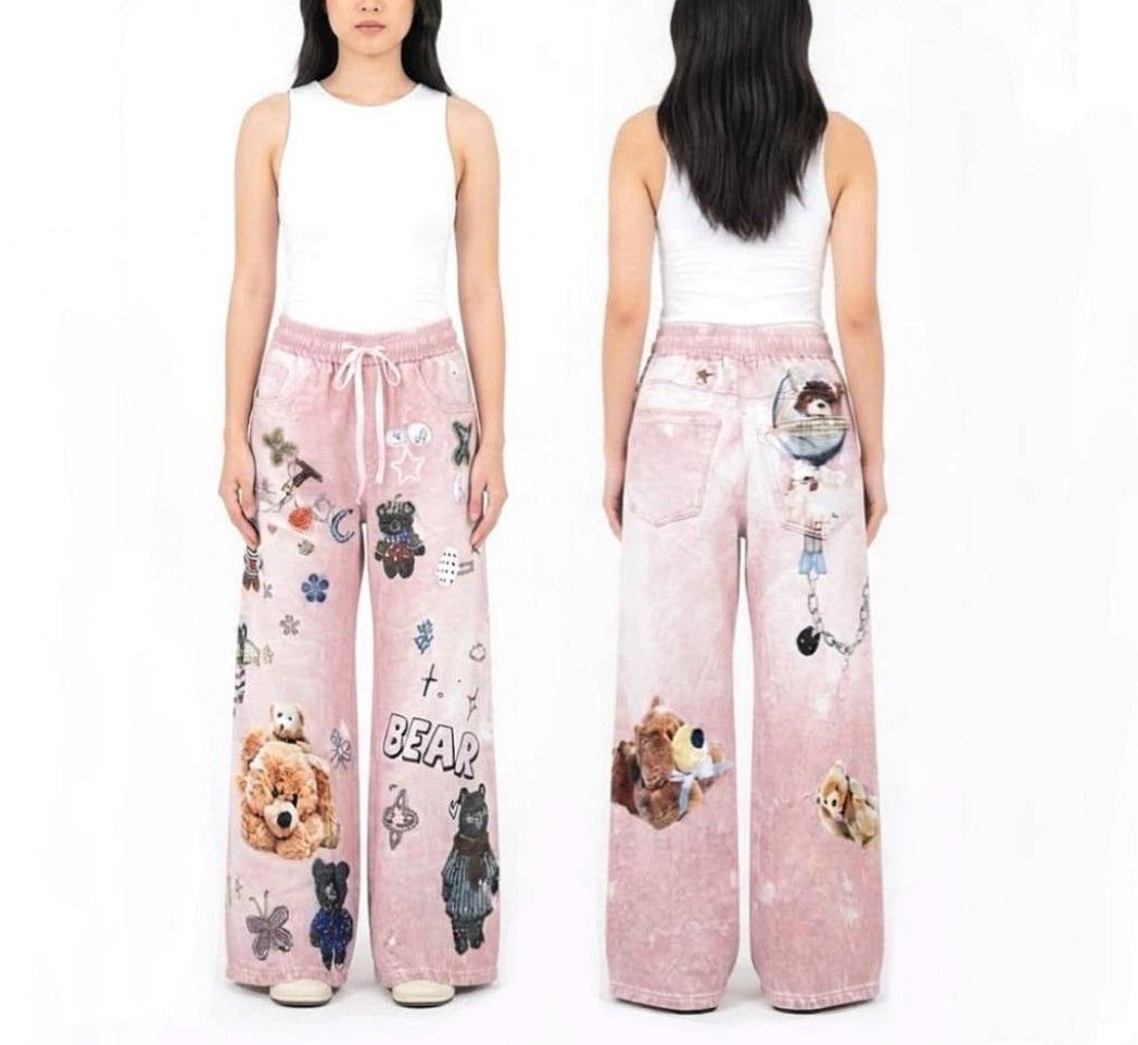 Bear Printed Wide leg Bangkok Pants (Category: Other Bottoms) located in Quezon City. Submitted by panapton.ph (Listing ID 1464305837, Image 1). Description: -FLASH SALE ONLY 650 -Brandnew Bangkok Pants -Actual item post -with two side pocket - Garterize waistline stretch up to 34 waistline,40inches Length - soft Cotton fabric -Style and Fit: relaxed, wide-leg soft pants featuring a light pink acid-wash or bleached effect. - an elasticized waistb