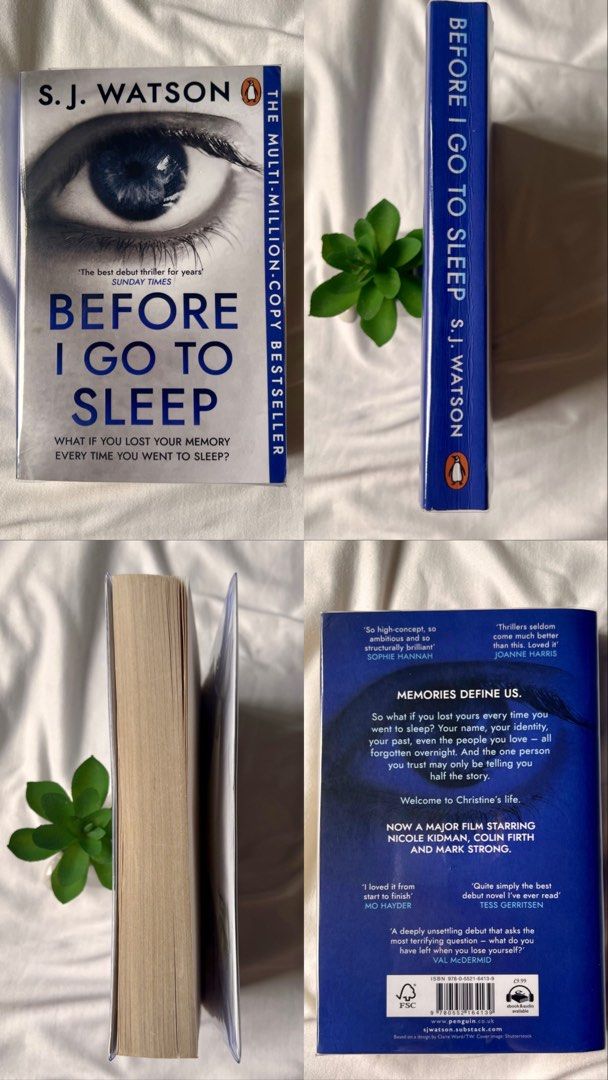 Before I Go To Sleep by SJ Watson (Category: Storybooks) located in Manila. Submitted by celestialchapterph (Listing ID 1464274217, Image 2). Description: good reads rating: 3.9 genre: psychological thriller condition: spine creases, plastic cover synopsis: Christine Lucas, a 47-year-old woman with severe anterograde amnesia who resets her memory every time she goes to sleep. mop: gcash / paymaya / banktransfer mod: j&t or lalamove 📍Parañaque Ci